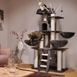 tectake® Kratzbaum, 195 cm, mit Katzenhaus, inklusive Treppe, 4 Spielbällen und Kippschutz