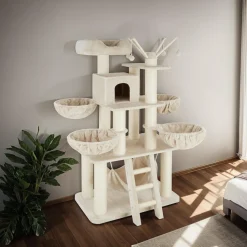 tectake® Kratzbaum, 195 cm, mit Katzenhaus, inklusive Treppe, 4 Spielbällen und Kippschutz