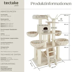 tectake® Kratzbaum, 195 cm, mit Katzenhaus, inklusive Treppe, 4 Spielbällen und Kippschutz