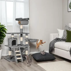 tectake® Kratzbaum, 141 cm, mit Katzenhaus, inklusive Spielkordel und Kippschutz