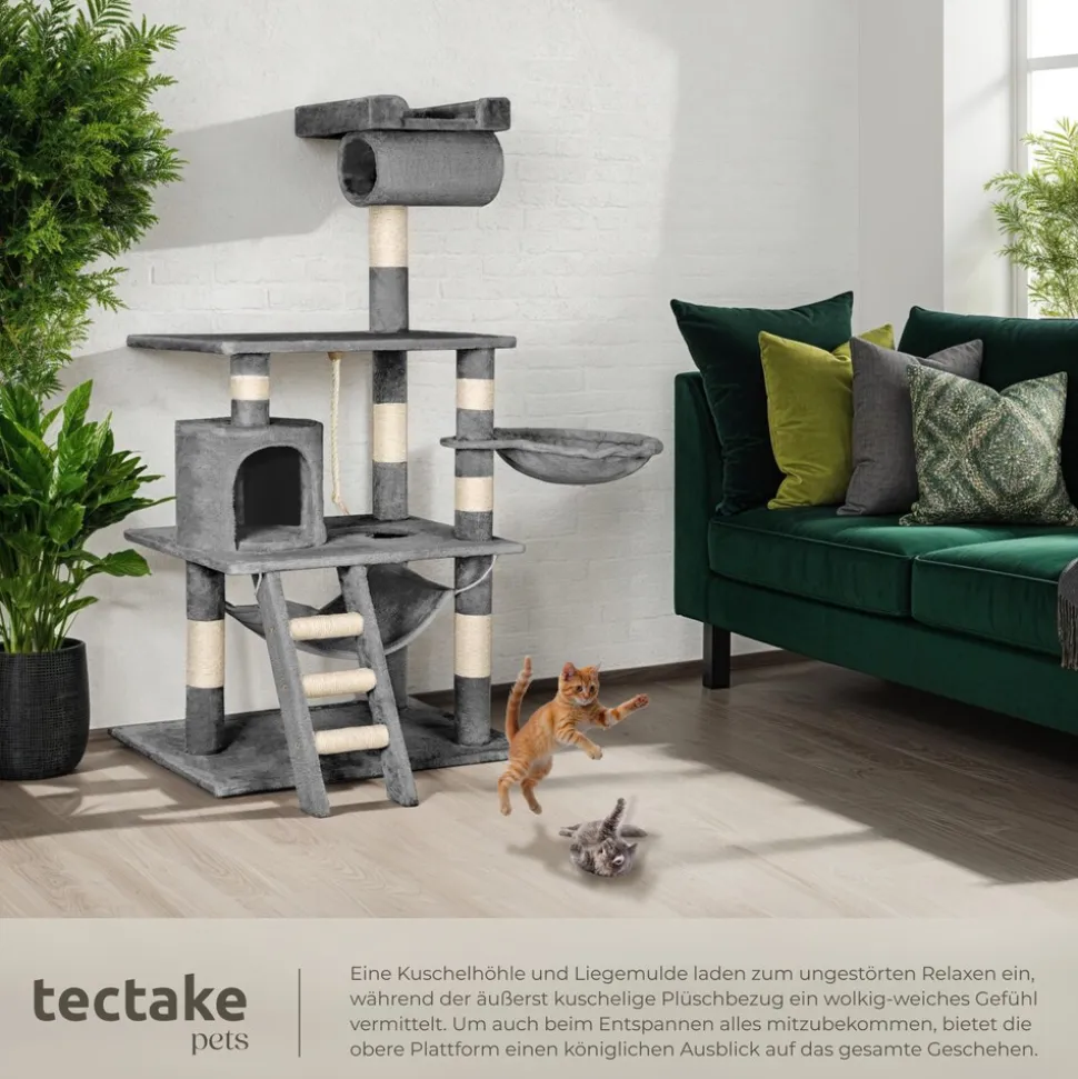 tectake® Kratzbaum, 141 cm, mit Katzenhaus, inklusive Spielkordel und Kippschutz