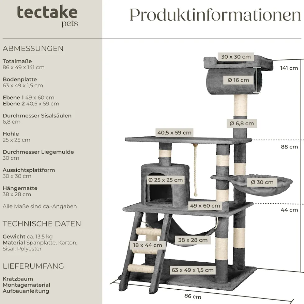 tectake® Kratzbaum, 141 cm, mit Katzenhaus, inklusive Spielkordel und Kippschutz