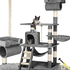 tectake® Kratzbaum, 141 cm, mit Katzenhaus, inklusive Spielkordel und Kippschutz