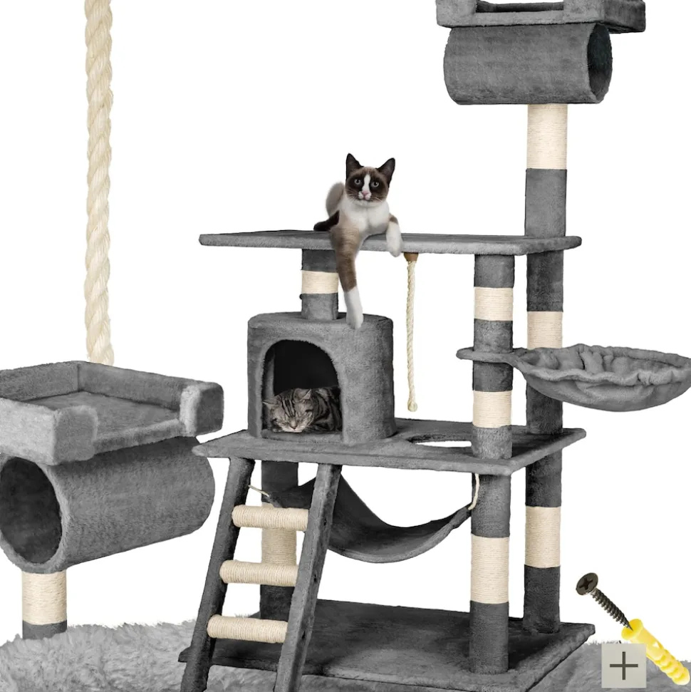 tectake® Kratzbaum, 141 cm, mit Katzenhaus, inklusive Spielkordel und Kippschutz