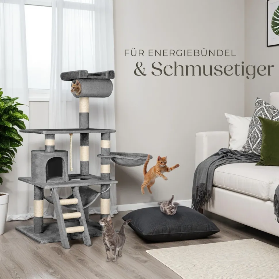 tectake® Kratzbaum, 141 cm, mit Katzenhaus, inklusive Spielkordel und Kippschutz