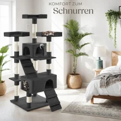 tectake® Kratzbaum, 170 cm, mit 2 Katzenhäusern, inklusive 2 Treppen, 4 Spielmäusen und Kippschutz