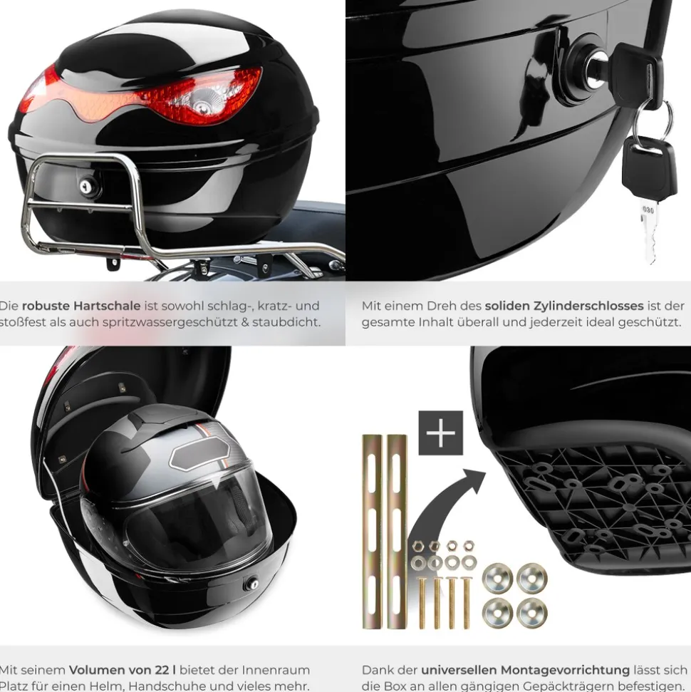 tectake® Motorradkoffer, Volumen 22 l, für Mofas, Roller, Motorräder und Quads, großer Reflektor