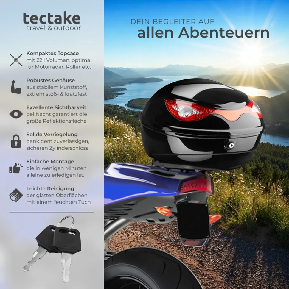 tectake® Motorradkoffer, Volumen 22 l, für Mofas, Roller, Motorräder und Quads, großer Reflektor