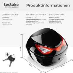 tectake® Motorradkoffer, Volumen 22 l, für Mofas, Roller, Motorräder und Quads, großer Reflektor