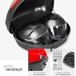 tectake® Motorradkoffer, Volumen 48 l, Platz für 2 Helme, für Mofas, Roller, Motorräder und Quads, kleiner und großer Reflektor