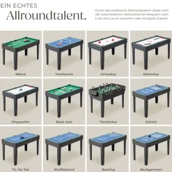tectake® Multifunktionaler Spieltisch, 15in1, strapazierfähiges MDF, 125 x 123 x 83 cm