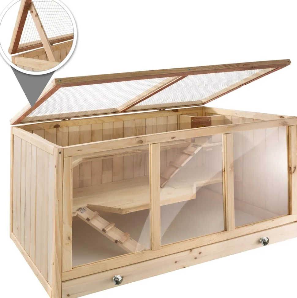 tectake® Nagerkäfig, aus Holz, aufklappbares Dachgitter, 95 x 50 x 50 cm
