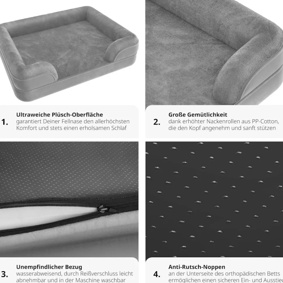 tectake® Orthopädisches Hundebett, mit abnehmbarem, wasserdichtem Plüschbezug, rutschfeste Unterseite, waschbar