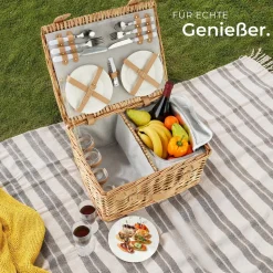 tectake® Picknickkorb, für 4 Personen, geflochtene Weide, mit Drehverschlüssen und Tragegriff, inkl. 20-teiliges Geschirrset und Kellnermesser