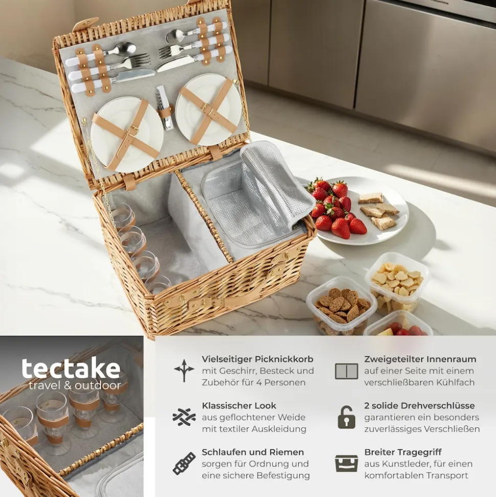 tectake® Picknickkorb, für 4 Personen, geflochtene Weide, mit Drehverschlüssen und Tragegriff, inkl. 20-teiliges Geschirrset und Kellnermesser