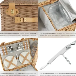 tectake® Picknickkorb, für 4 Personen, geflochtene Weide, mit Drehverschlüssen und Tragegriff, inkl. 20-teiliges Geschirrset und Kellnermesser