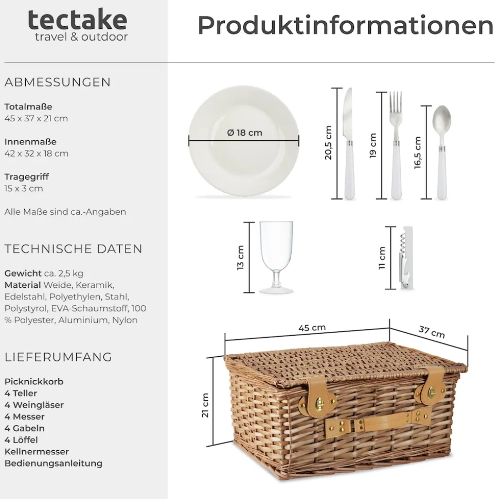 tectake® Picknickkorb, für 4 Personen, geflochtene Weide, mit Drehverschlüssen und Tragegriff, inkl. 20-teiliges Geschirrset und Kellnermesser
