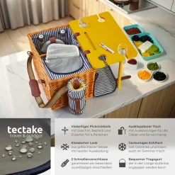 tectake® Picknickkorb, für 4 Personen, mit Picknickdecke, geflochtene Weide, 2 Schnallenverschlüsse und verstellbarer Tragegurt, inkl. 20-teiliges Geschirrset, Kellnermesser, Gewürzstreuer und Weinkühler
