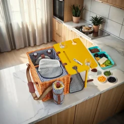 tectake® Picknickkorb, für 4 Personen, mit Picknickdecke, geflochtene Weide, 2 Schnallenverschlüsse und verstellbarer Tragegurt, inkl. 20-teiliges Geschirrset, Kellnermesser, Gewürzstreuer und Weinkühler