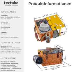 tectake® Picknickkorb, für 4 Personen, mit Picknickdecke, geflochtene Weide, 2 Schnallenverschlüsse und verstellbarer Tragegurt, inkl. 20-teiliges Geschirrset, Kellnermesser, Gewürzstreuer und Weinkühler