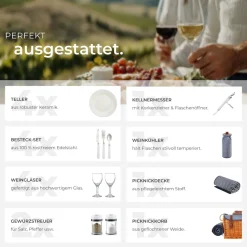 tectake® Picknickkorb, für 4 Personen, mit Picknickdecke, geflochtene Weide, 2 Schnallenverschlüsse und verstellbarer Tragegurt, inkl. 20-teiliges Geschirrset, Kellnermesser, Gewürzstreuer und Weinkühler
