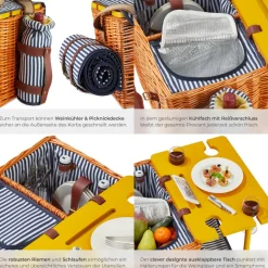 tectake® Picknickkorb, für 4 Personen, mit Picknickdecke, geflochtene Weide, 2 Schnallenverschlüsse und verstellbarer Tragegurt, inkl. 20-teiliges Geschirrset, Kellnermesser, Gewürzstreuer und Weinkühler