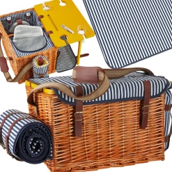tectake® Picknickkorb, für 4 Personen, mit Picknickdecke, geflochtene Weide, 2 Schnallenverschlüsse und verstellbarer Tragegurt, inkl. 20-teiliges Geschirrset, Kellnermesser, Gewürzstreuer und Weinkühler