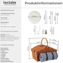 tectake® Picknickkorb, für 4 Personen, mit Picknickdecke, geflochtene Weide, mit Drehverschluss und Tragegriff, inkl. 20-teiliges Geschirrset, Kellnermesser und Gewürzstreuer