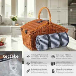 tectake® Picknickkorb, für 4 Personen, mit Picknickdecke, geflochtene Weide, mit Drehverschluss und Tragegriff, inkl. 20-teiliges Geschirrset, Kellnermesser und Gewürzstreuer