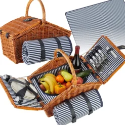 tectake® Picknickkorb, für 4 Personen, mit Picknickdecke, geflochtene Weide, mit Drehverschluss und Tragegriff, inkl. 20-teiliges Geschirrset, Kellnermesser und Gewürzstreuer