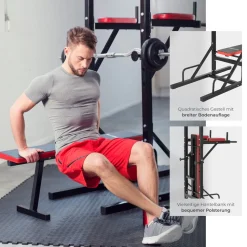 tectake® Power Tower, mit klappbarer Hantelbank und Langhantelablage, gepolstert mit Kunstlederbezug, 180 x 95 x 210 cm
