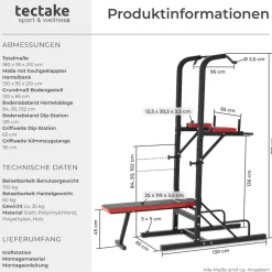 tectake® Power Tower, mit klappbarer Hantelbank und Langhantelablage, gepolstert mit Kunstlederbezug, 180 x 95 x 210 cm