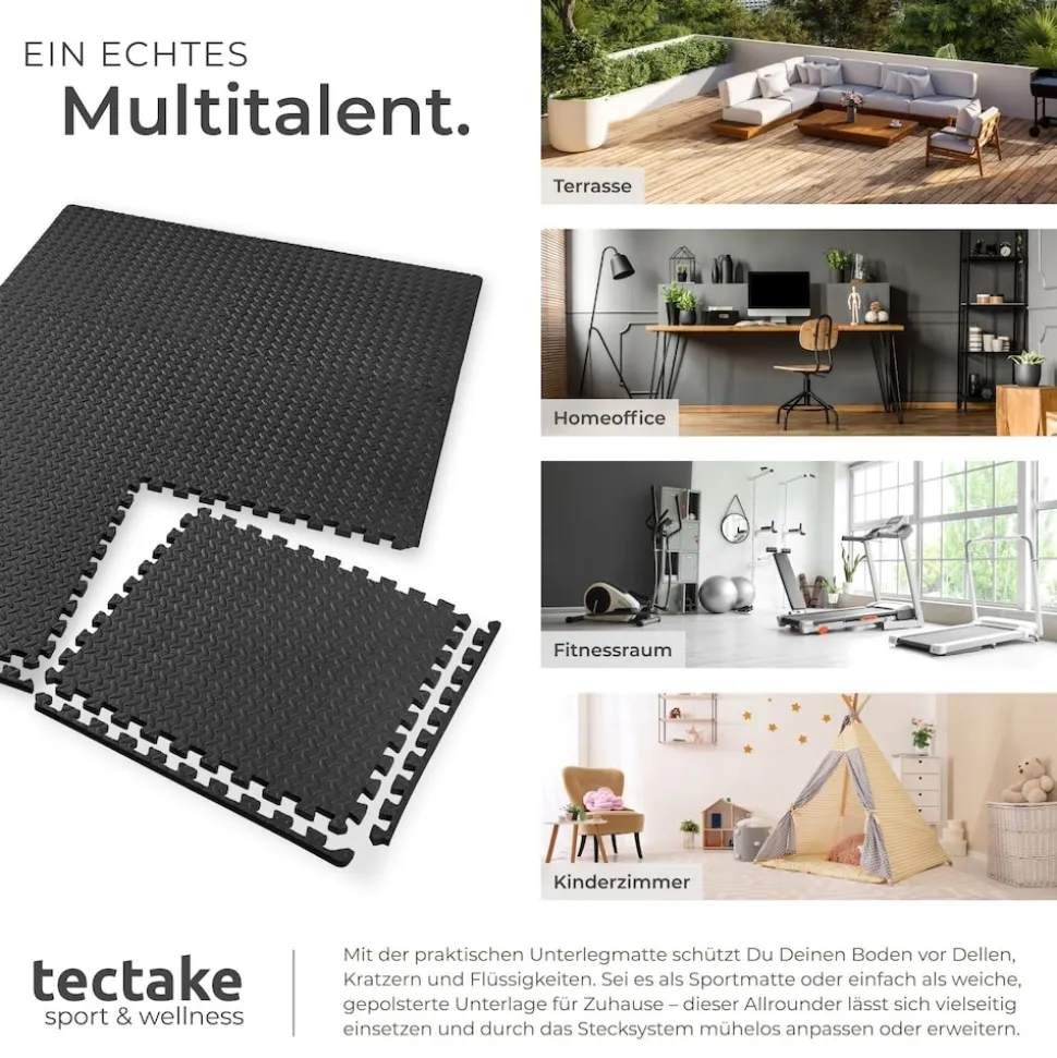 tectake® Schutzmattenset, 12-teilig mit 24 Randstücken, weich und rutschfest, leichte Reinigung und flexibel erweiterbar