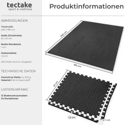 tectake® Schutzmattenset, 12-teilig mit 24 Randstücken, weich und rutschfest, leichte Reinigung und flexibel erweiterbar