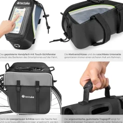 tectake® Set Fahrradtasche Georg und Fahrradrahmentasche, große Fahrradtasche mit 2 Fächern, Schnallenverschluss, Tragegriff und Reflektorstreifen, wasserabweisend und robust