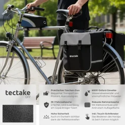 tectake® Set Fahrradtasche Georg und Fahrradrahmentasche, große Fahrradtasche mit 2 Fächern, Schnallenverschluss, Tragegriff und Reflektorstreifen, wasserabweisend und robust
