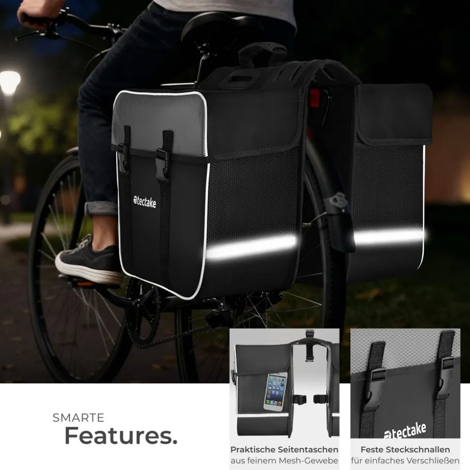 tectake® Set Fahrradtasche Georg und Fahrradrahmentasche, große Fahrradtasche mit 2 Fächern, Schnallenverschluss, Tragegriff und Reflektorstreifen, wasserabweisend und robust
