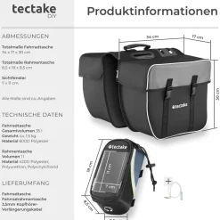 tectake® Set Fahrradtasche Georg und Fahrradrahmentasche, große Fahrradtasche mit 2 Fächern, Schnallenverschluss, Tragegriff und Reflektorstreifen, wasserabweisend und robust
