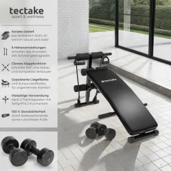 tectake® Sit-up Bank, 6-fach verstellbar, klappbar, rutschfeste Fußenden, inklusive 2 Hanteln und elastische Seile