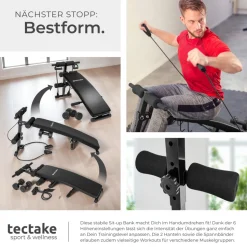 tectake® Sit-up Bank, 6-fach verstellbar, klappbar, rutschfeste Fußenden, inklusive 2 Hanteln und elastische Seile