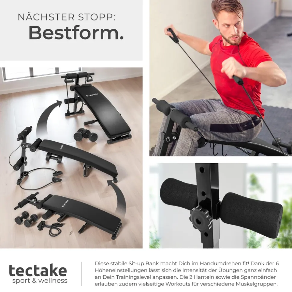 tectake® Sit-up Bank, 6-fach verstellbar, klappbar, rutschfeste Fußenden, inklusive 2 Hanteln und elastische Seile