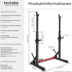 tectake® Squat Rack, multifunktional, Höhe und Breite verstellbar, bodenschonende Kunststoffkappen, inklusive 2 Aufnahmen für Hantelscheiben
