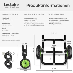 tectake® Surfboard Transportwagen, klappbar, für bis zu 2 Boards, Schaumstoffpolsterung, inkl. 2 Sicherungsgurte, 62 x 53 x 49 cm