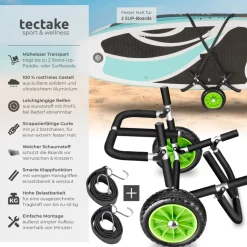 tectake® Surfboard Transportwagen, klappbar, für bis zu 2 Boards, Schaumstoffpolsterung, inkl. 2 Sicherungsgurte, 62 x 53 x 49 cm