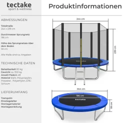 tectake® Trampolin, Ø 244 cm, GS zertifiziert, Randabdeckung, inklusive Einstiegsleiter