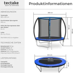 tectake® Trampolin, Ø 244 cm, GS-zertifiziert, Randabdeckung, inklusive Einstiegsleiter