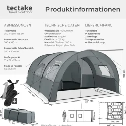tectake® Tunnelzelt, für 6 Personen, 4 Fenster mit Moskitonetzen, 350 x 480 x 195 cm