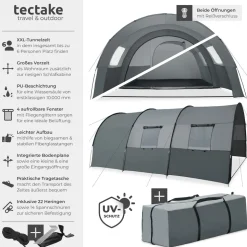 tectake® Tunnelzelt, für 6 Personen, 4 Fenster mit Moskitonetzen, 350 x 480 x 195 cm