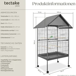 tectake® Vogelkäfig, in Hammerschlagoptik, 2 Türen und geringer Gitterabstand, 85 x 60 x 168 cm