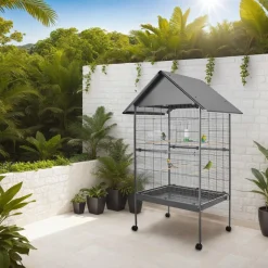 tectake® Vogelkäfig, in Hammerschlagoptik, 2 Türen und geringer Gitterabstand, 85 x 60 x 168 cm